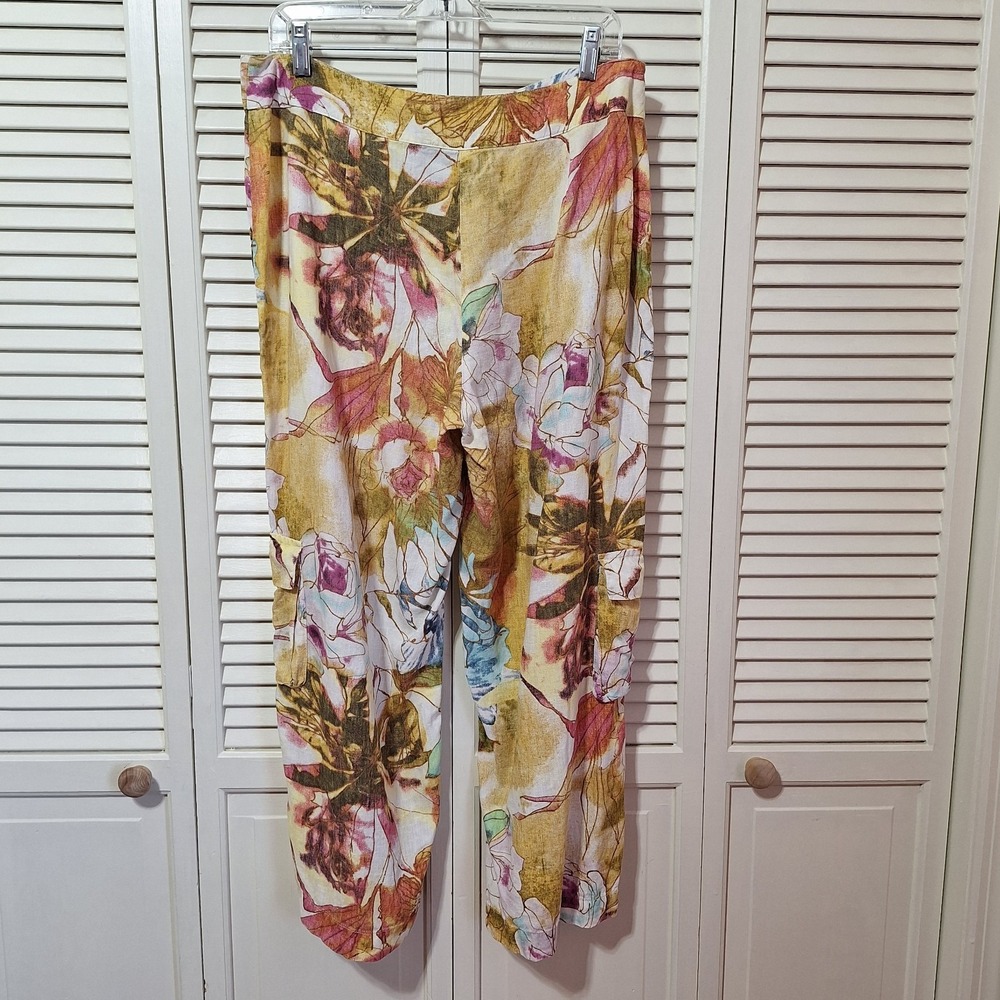 Chicos Linen Crop Pants Sz 2 US 12 Floral Flowy Cargo Pocket Wide Leg High Rise